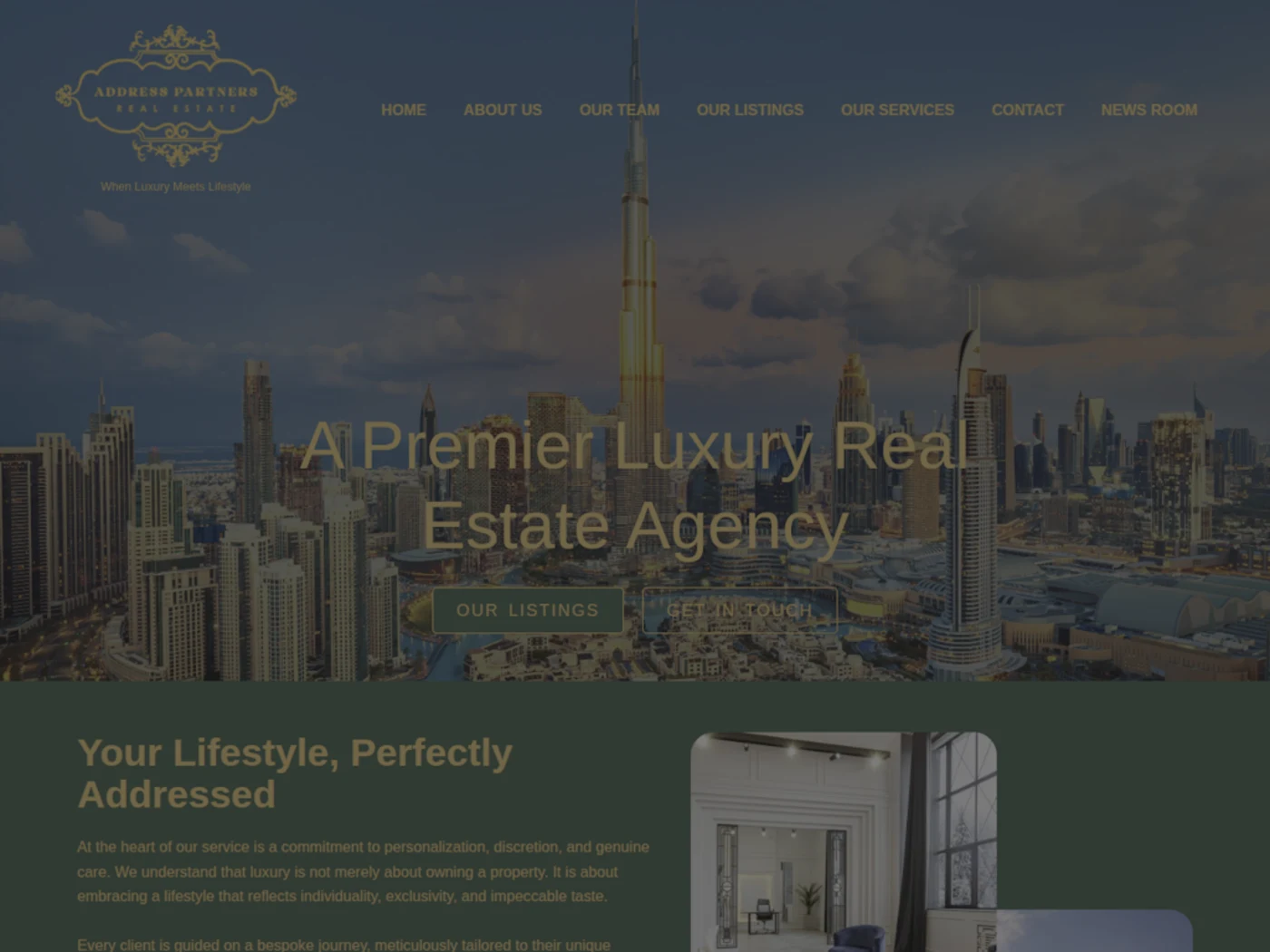 Delivered Address Partners Real Estate website design with Dubai skyline and property listings navigation.