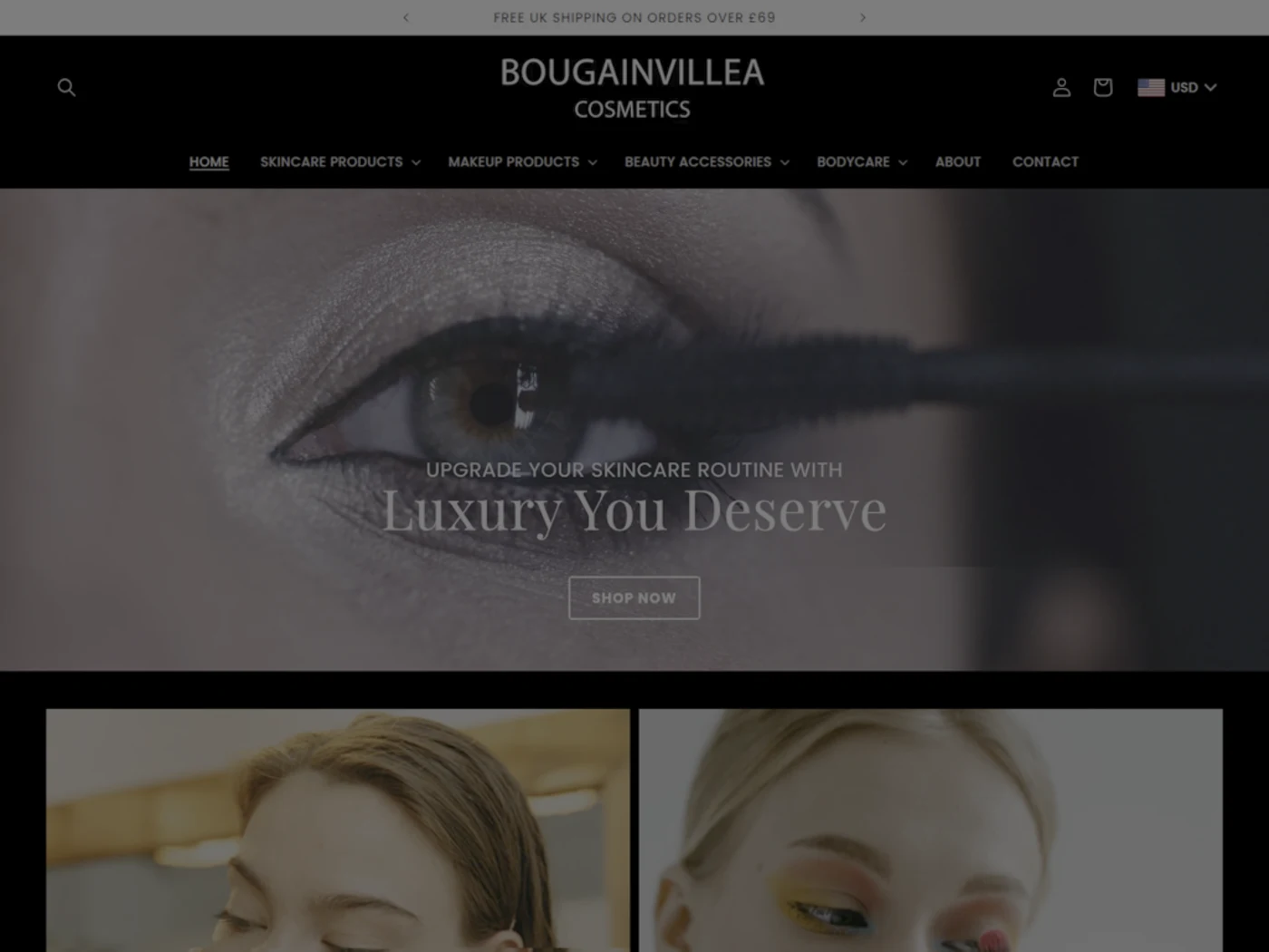 Bougainvillea Cosmetics storefront with beauty product navigation and a makeup campaign.