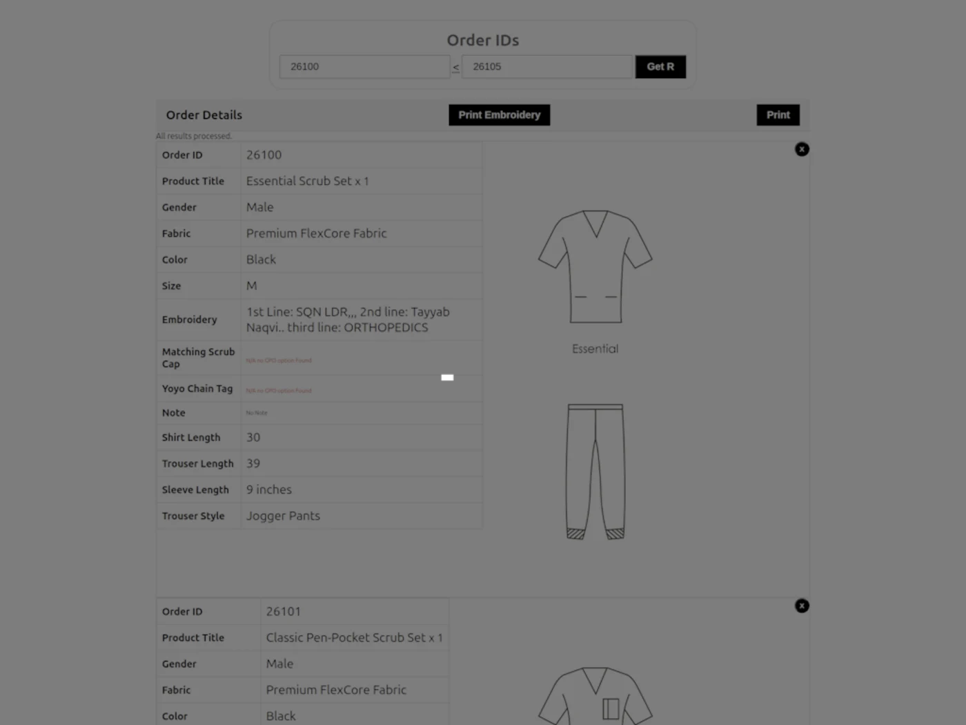 DR Stitchess order portal showing garment specifications, measurements and print controls.